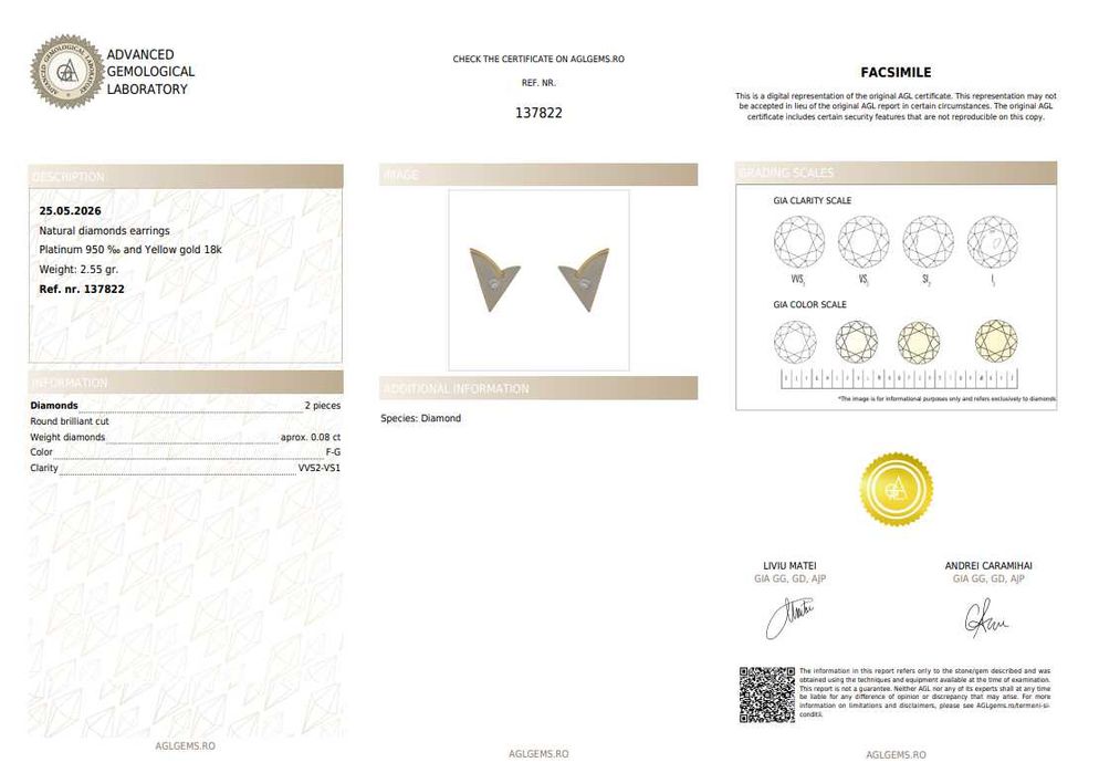 Pereche de cercei din aur și platină, decorată cu diamante