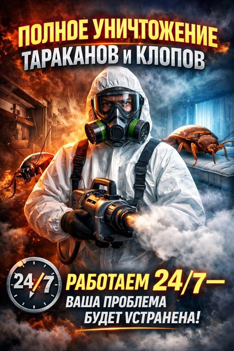 Дезинфекция. Уничтожение тараканов и клопов. Без запаха. Безопасно.