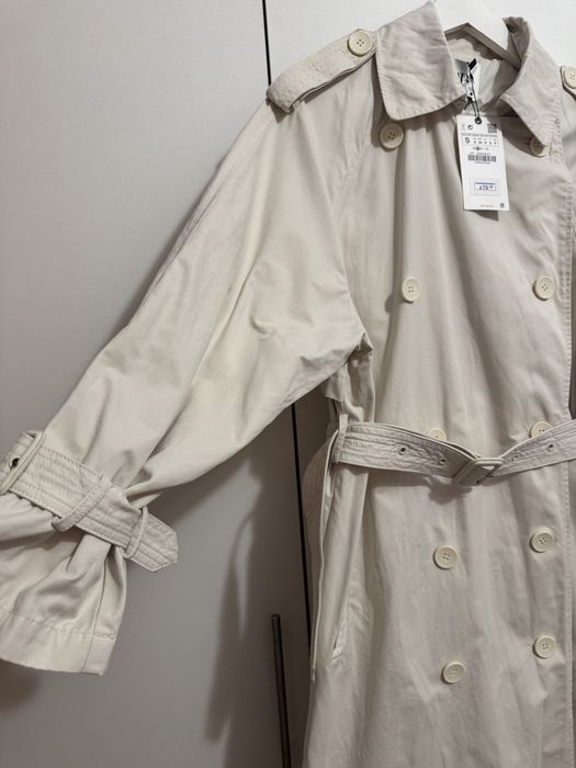 Trenci midi alb unt cu cordon in talie si la mansete Zara marimea S