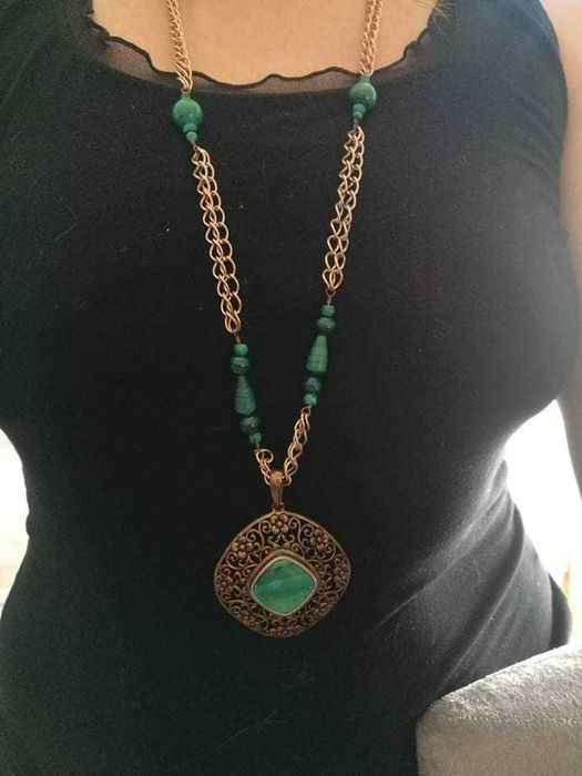 Дизайнерско колие - сребро, бронз и малахит