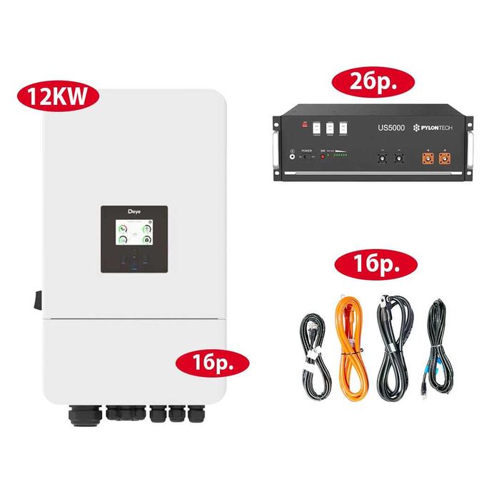 Комплект хибриден инвертор 12 kW deye с батерии pylontech 9.6 kWh