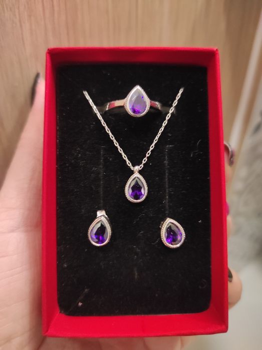 Set argint cu ametist cercei pandant lant inel reglabil