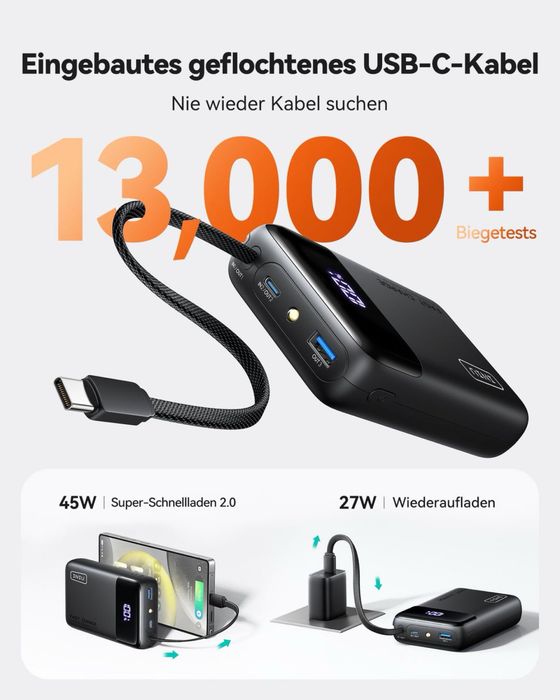 Power Bank INIU 20000mAh 45W, USB-C, cablu integrat, display LED