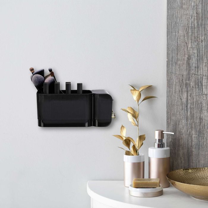 Organizator cosmetic de perete cu 4 compartimente autoadeziv negru