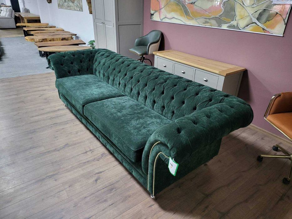 Голям зелен диван от плат Честърфийлд - четворка