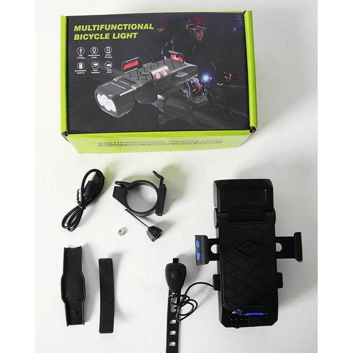 4 в 1 - Светлина за велосипед, Звънец, Поставка за GSM, Външна батерия