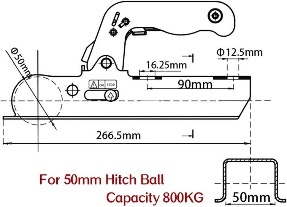Заключваща лапа тип квадрат за теглич 50мм за ремарке до 800 кг
