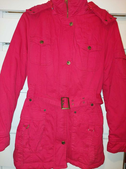 Geaca rosie grosuta,cu centura,gluga TRANSPORT GRATUIT