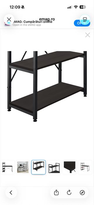 Birou cu rafturi Stavanger, 122 x 120 x 64 cm, metal/PAL, negru/efect lemn de nuc