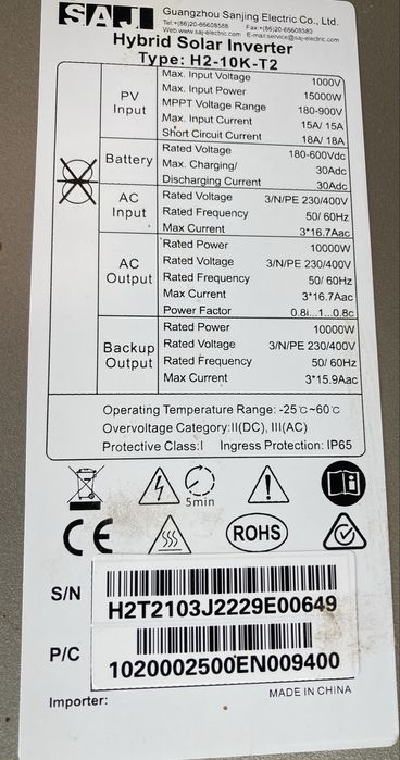 Invertor hibrid 10 Kw trifazat SAJ H2-10K-T2 -PERFECT FUNCTIONAL