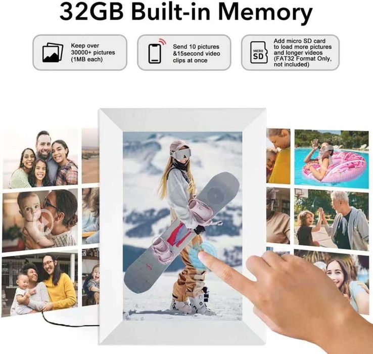 Frameo Бяла 10,1-инчова смарт WiFi цифрова фоторамка, цифрова фоторамка Wi-Fi с 32GB памет и SD слот
