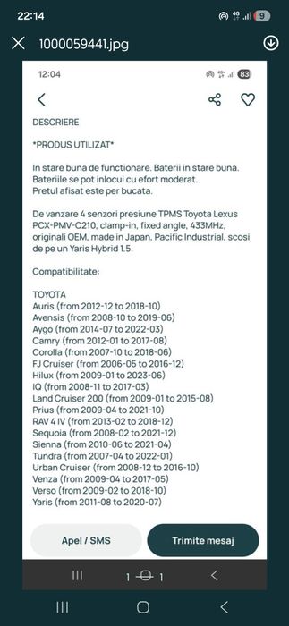 Senzor presiune Toyota Rav4/ Corolla/ Avensis