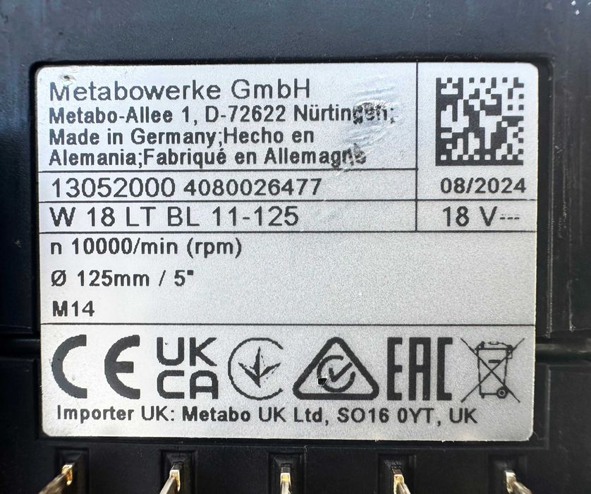 METABO W 18 LT BL 11-125 - Безчетков ъглошлайф 2x18V 5.5Ah като нов!