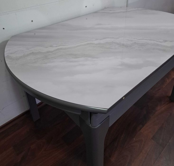 Masa MARMURA Alba cu insertii gri in valuri 135x85->135x135