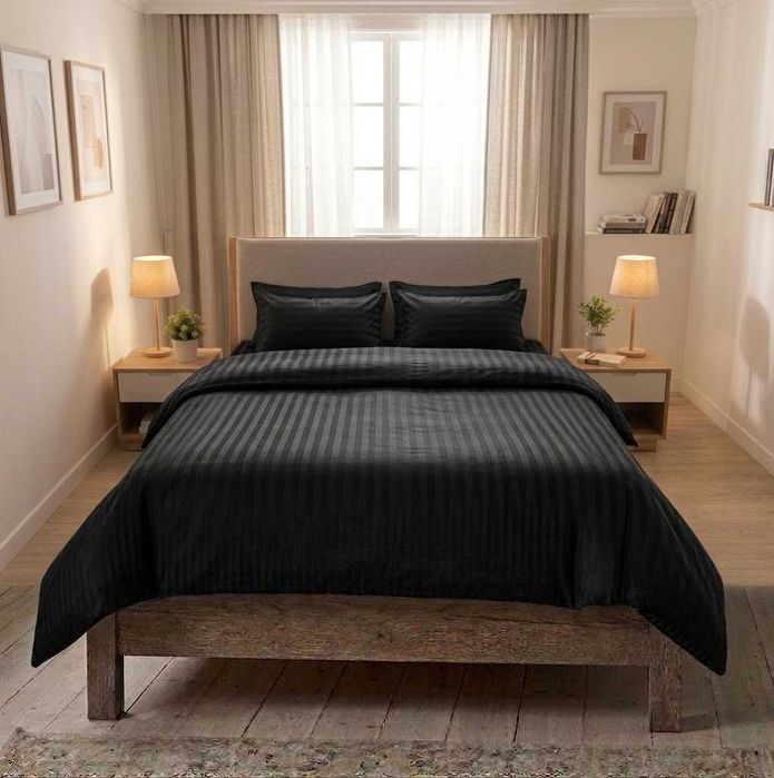 Lenjerie de pat damasc gros cu elastic, Super Elegant Pucioasa, 4 piese, Negru