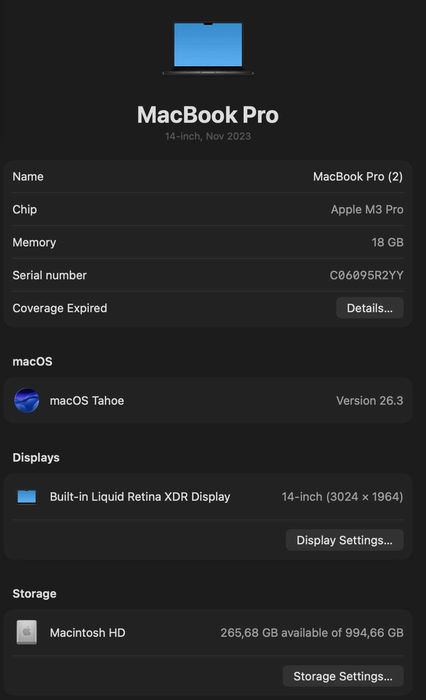 MacBook Pro 14" M3 Pro | 18GB RAM | 1TB SSD | – Stare Impecabilă
