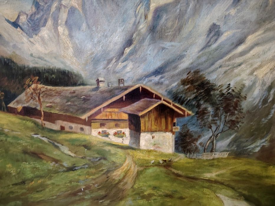 Ulei pe pânză peisaj montan o lucrare veche semnată încadrata Intr o rama Blondel di