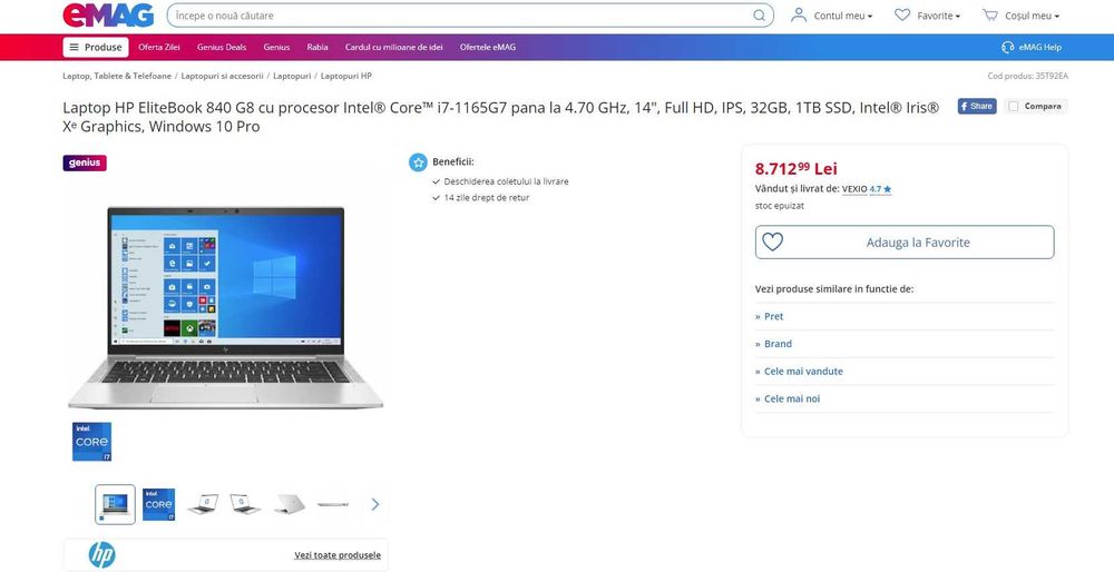 Laptop HP EliteBook 840 G8 ,  i7-1185G7 , 32 gb ram , tatch screen