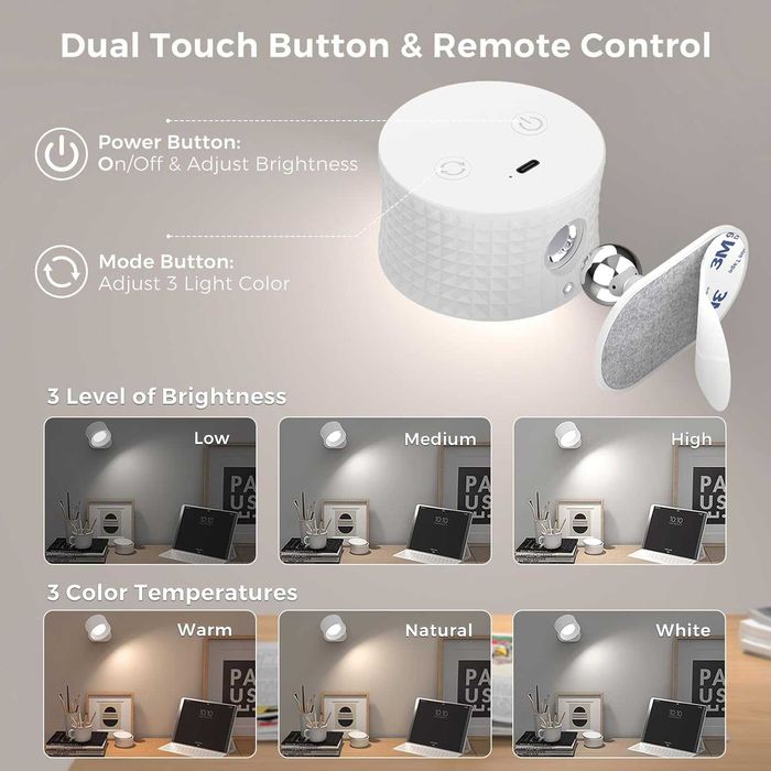 Малка LED нощна лампа за стена, вградена батерия, димиране