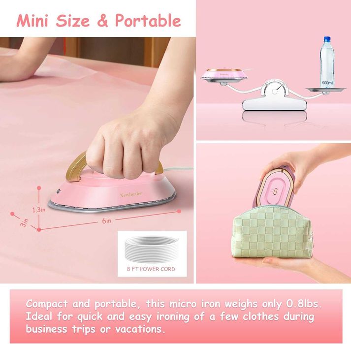 Мини ютия за път Newbealer - Двоен волтаж (работи в цял свят), Розова