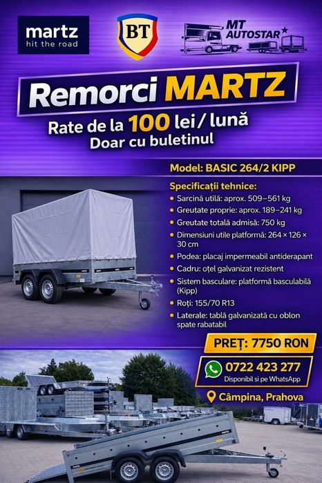 Remorca Martz Basic 200/106cm Schelet galvanizat Prelata Basculabila cu RAR