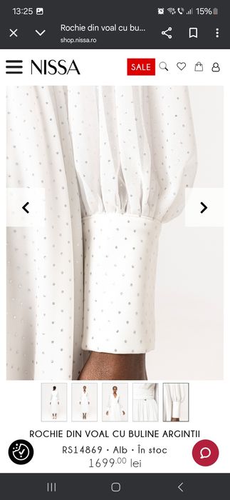 Rochie Nissa albă din voal cu buline argintii