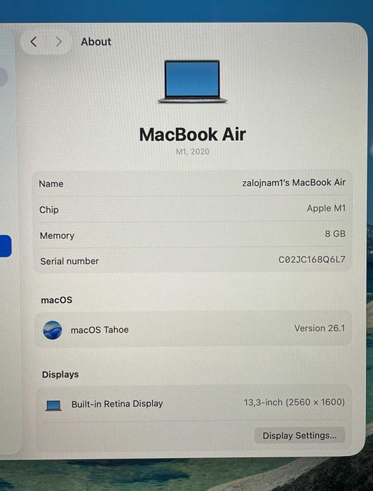 Лаптоп Apple MacBook Air M1 А2337(2020) 256/8GB