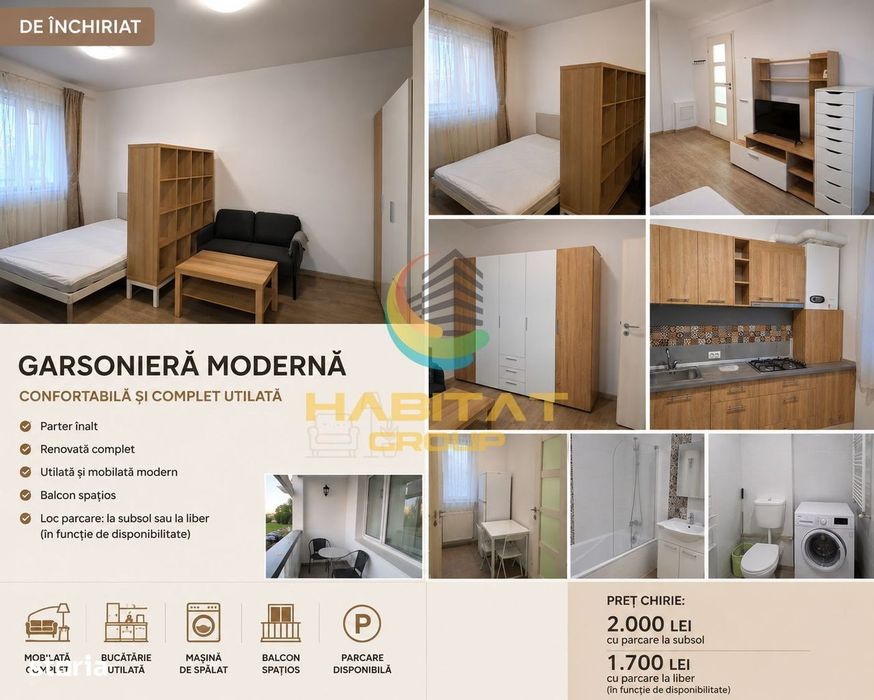 Garsonieră modernă de închiriat – complet mobilată și utilată !