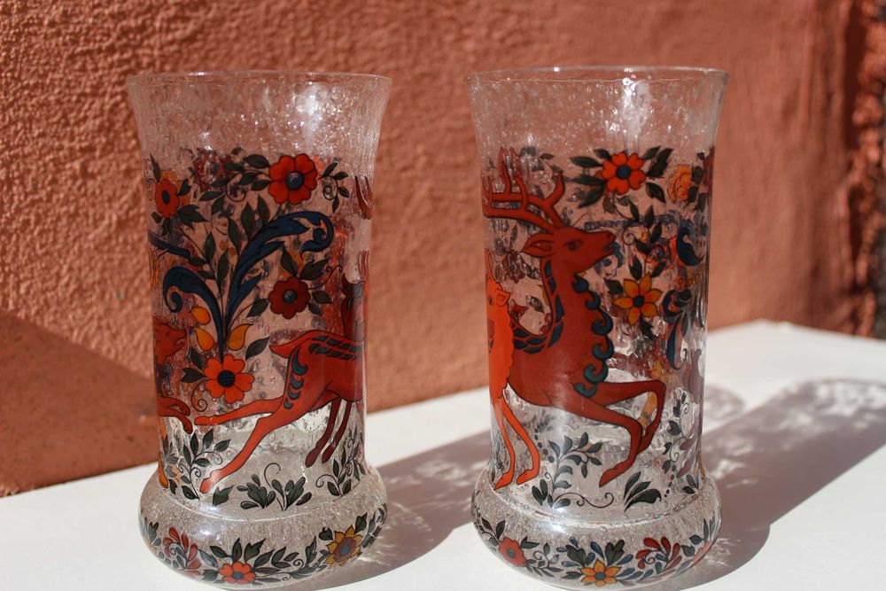 Set 2 pahare sticla pictata, VANATOR / PADURAR, Bavaria, cca 1970