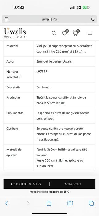 Tapet Premium UWALS aspect piatra 3.16 x 2.70m