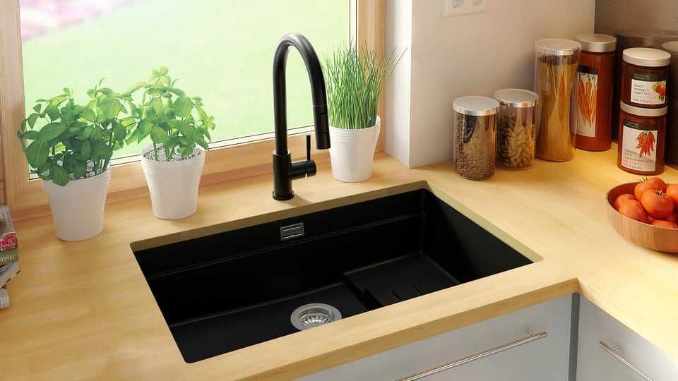 Черна гранитна мивка за монтаж под плот Прага 80 Step Level 560 x 470