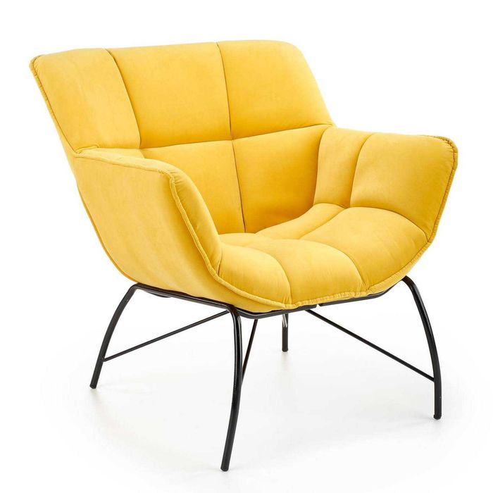 Жълто кресло с дамаска от кадифе и метални крака, Ново