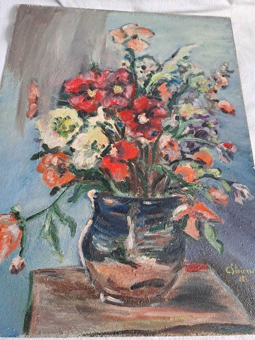 tablou vechi pictura pe pfl 49/37 cm semnat C Stoicescu datat