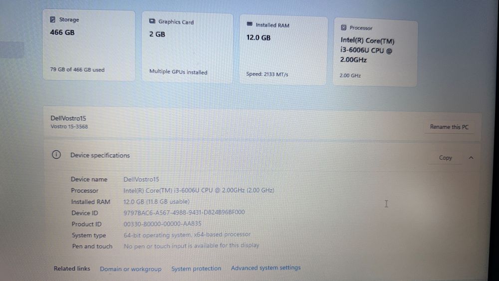 Dell Vostro 15-3568 stare foarte buna cu Win 11 Pro instalat cu licenta conectata la hardware