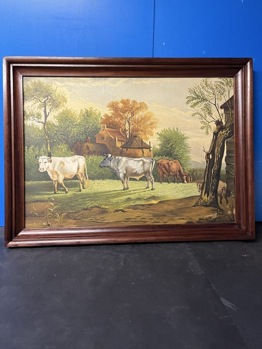 Стара картина/1946 г./-Селски пейзаж с маслени бои на дърво