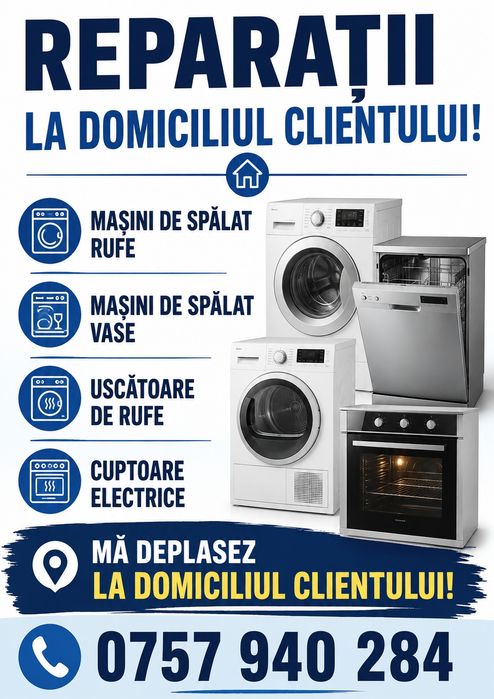 Reparații mașini de spălat Vase, Rufe , Uscătoare . La Domiciliu!