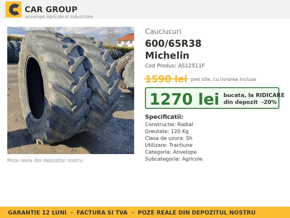 Cauciucuri Anvelope 600/65R38 600 65 R38 6006538 600 65R38 Michelin Tractor Utilaje Agricole Radial SH Second Hand LIVRARE Garantie 1 An Factura