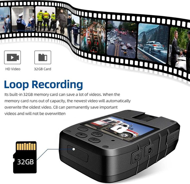 CAMMHD C8-32GB 2K/1296P телесна камера, 11-12 часа видеозапис