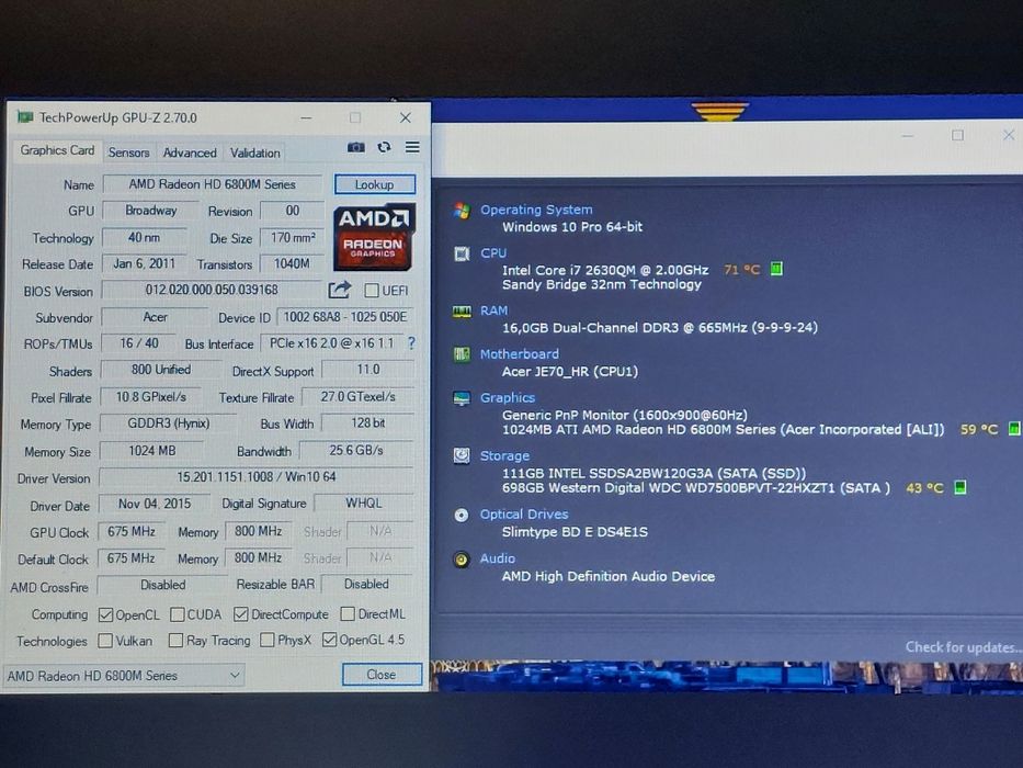 Laptop Acer 17.3 i7 2630QM 2.0/2.9Ghz, 16GB, 120GB SSD+750GB, Radeon HD 6850M 1GB, Win10 Office 2024