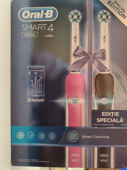 Set 2 Periute de dinti electrica ORAL-B Smart 4 4900, 40000 pulsatii/min, Curatare 3D, 3 programe, 2 capate, roz/negru