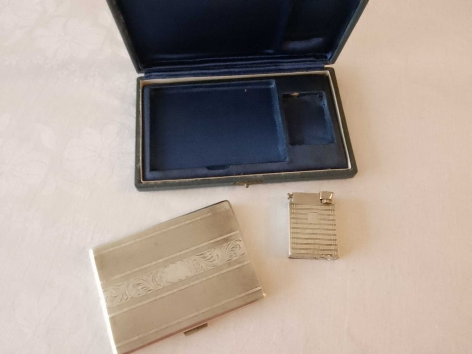 сребърен комплект табакера и запалка, оригинална кутия