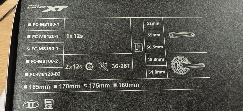 Курбели Shimano XT FC-M8100,8120,8130 12sp 170,175mm Рамена за Курбели