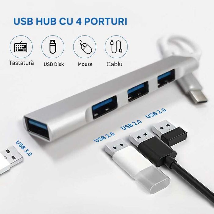 Adaptor/splitter/hub USB C cu 4+1 porturi. Aluminiu. Transfer date.