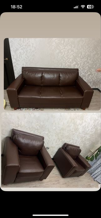 Коженный диван с кресломи