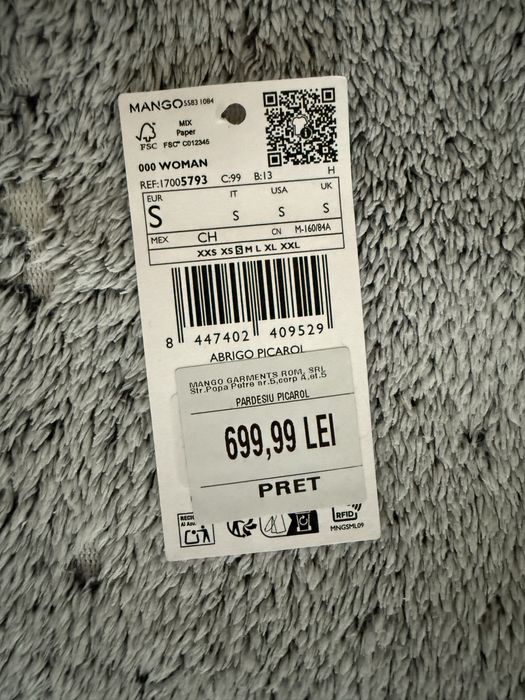 Vând palton Mango( colecție nouă), purtat o singură dată, marimea S
