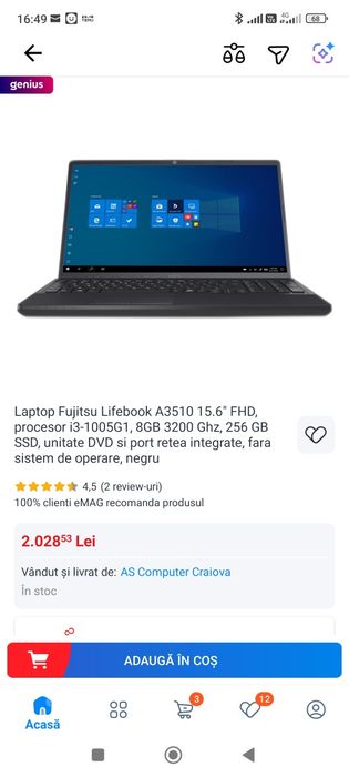 Laptop Fujitsu Siemens A3510 - i3-1005G1 Gen.10/ 8gb ddr4/ SSD/ Baterie 3h