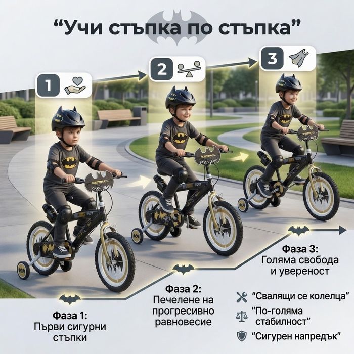 Детски велосипед  с помощни колела, стоманена рамка и спирачки – за деца 5+
