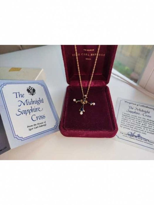 Faberge pandantiv Cruciulita Cruce Aur 14K Email Diamante Safir Perle