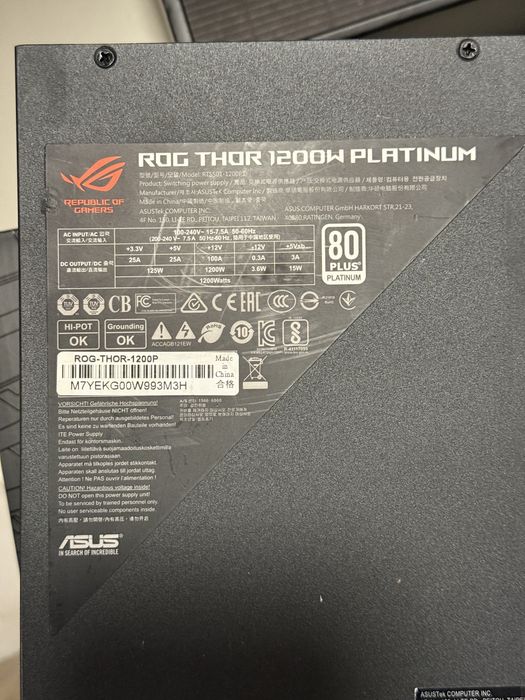 Захранване ASUS ROG-THOR-1200P ROG Thor 1200W Platinum Aura OLED