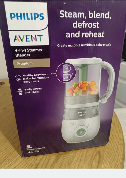 Уред за готвене на пара и блендер 4в1 Philips Avent SCF883/01, контейнер за съхранение 120 мл, връзка с приложения, шпатула, 1 скорост